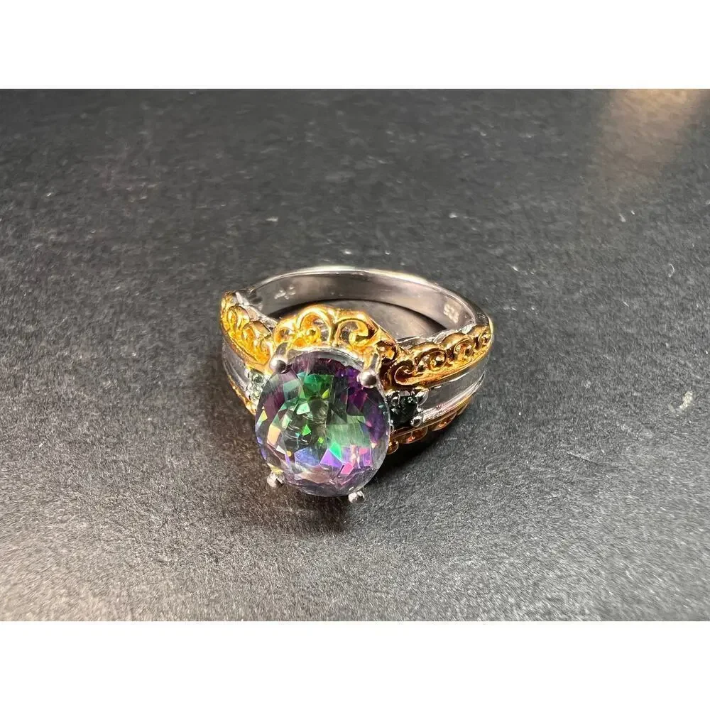 NEW green mystic topaz two toned sterling silver ring size 8 - Picture 2 of 16